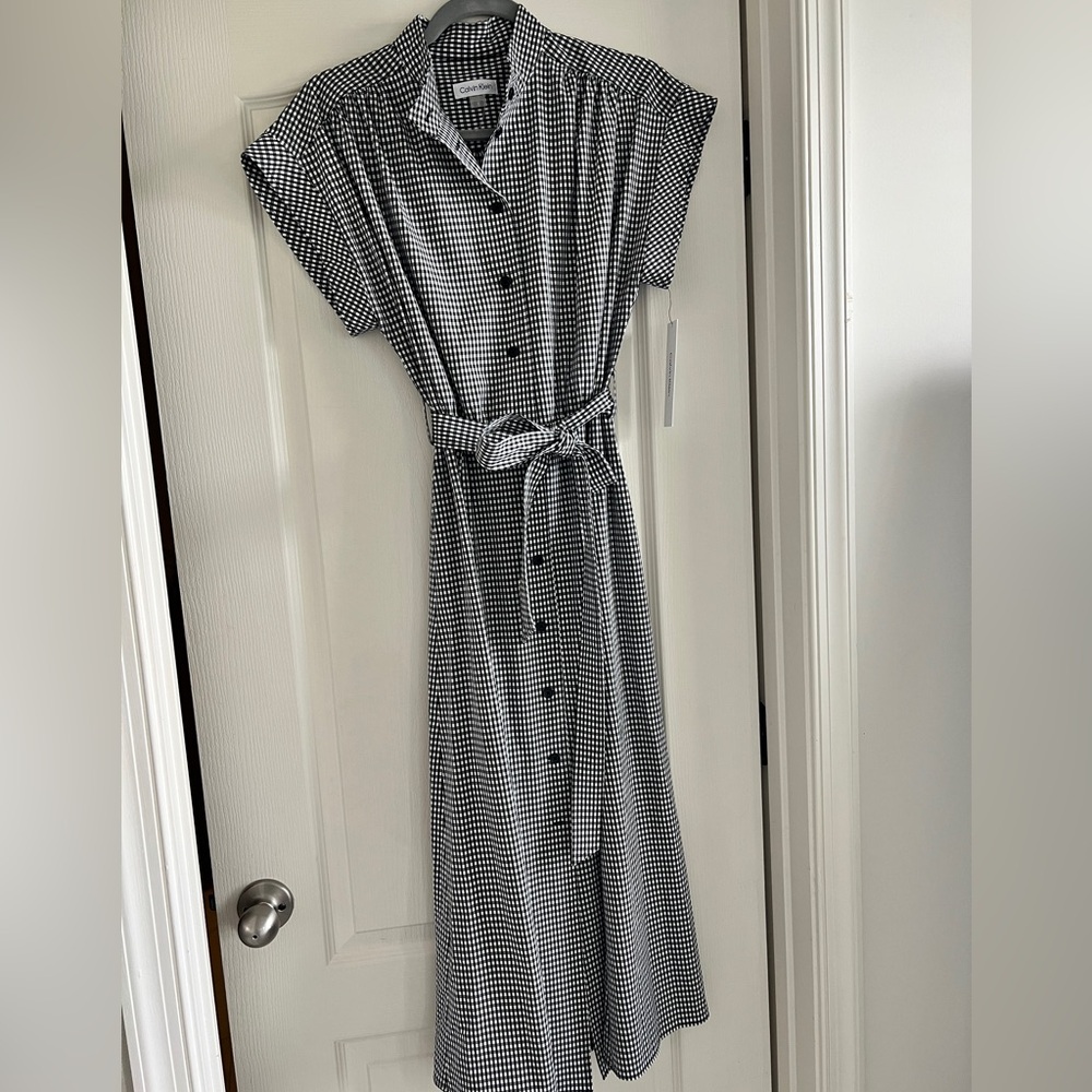 Calvin Klein Black & White Gingham Midi Shirt Dress with Tie Waist Size 8